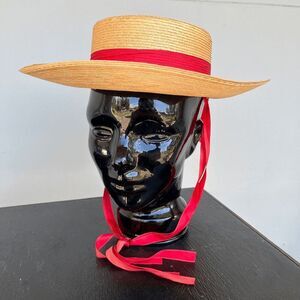 VTG Straw Boater Hat Red Ribbon 50s 60s Derby Garden Party Italian Made